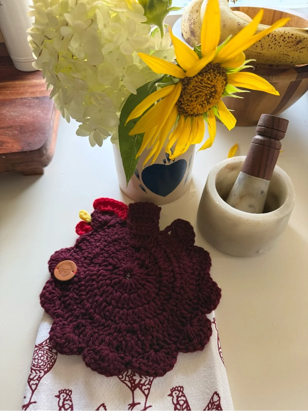 Handmade Crochet Rooster Hanging Kitchen Towel Rise & Shine Burgundy Farmhouse